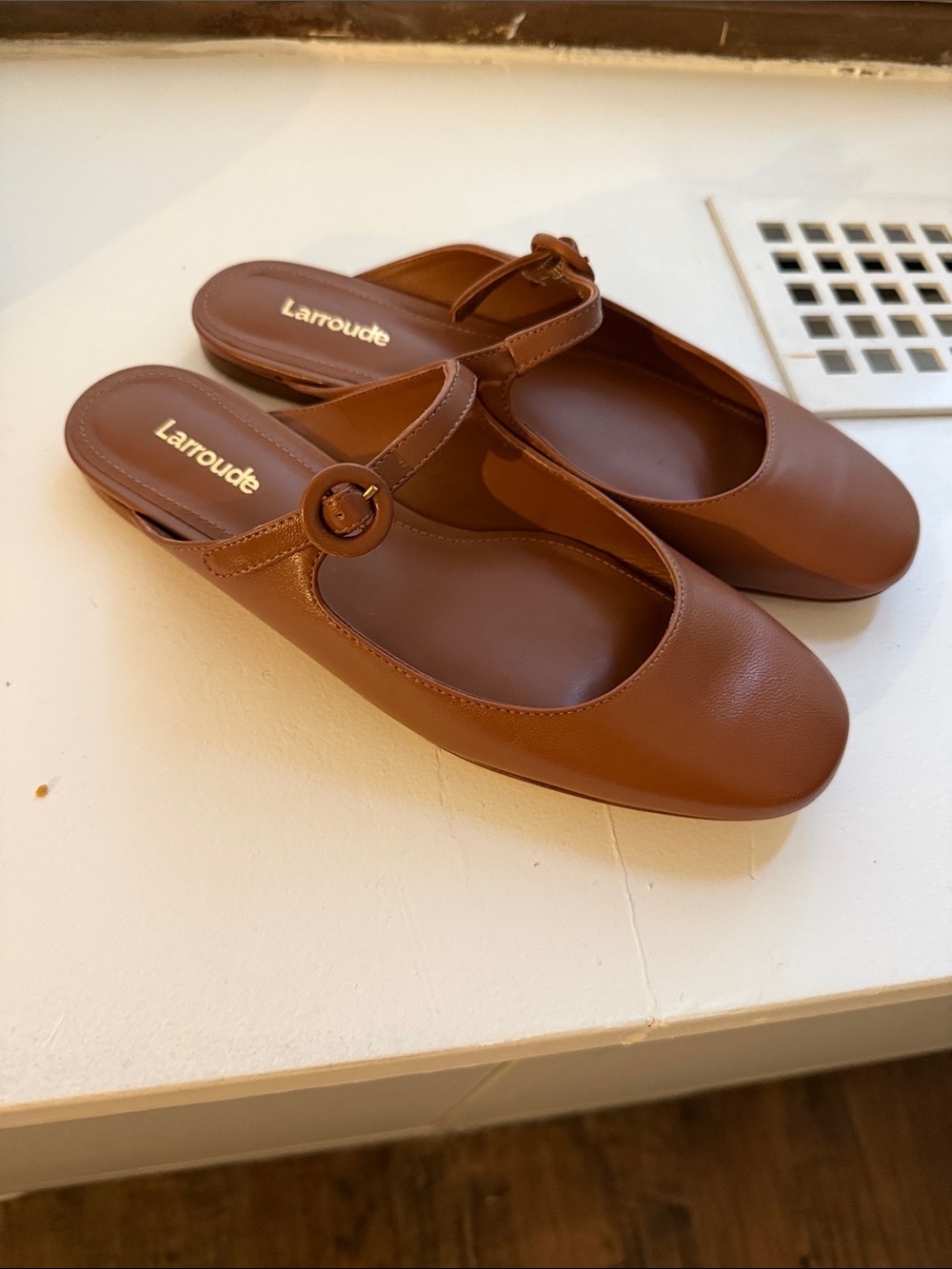 Larroude Tan Leather Mary Jane Backless Flats with Round Buckle